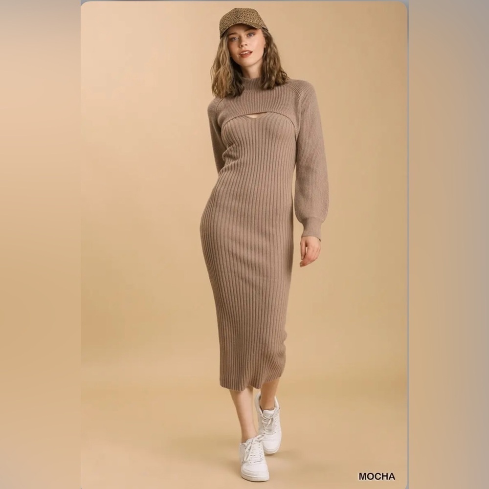Elegant Tan Ribbed 2 Piece Knit Dress - Picture 1 of 5